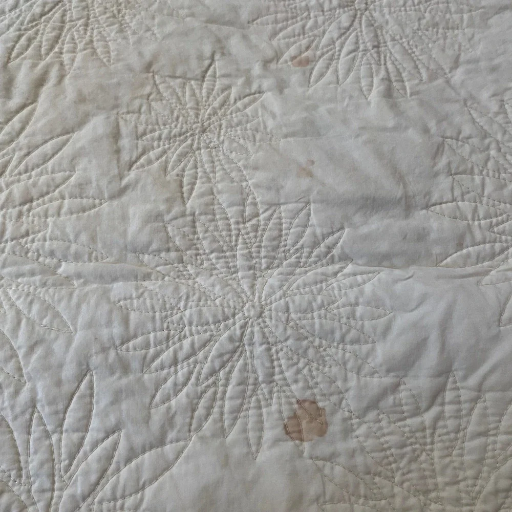Vintage Yellow Starburst Quilted Bedspread Floral Medallion‎ Throw Stained